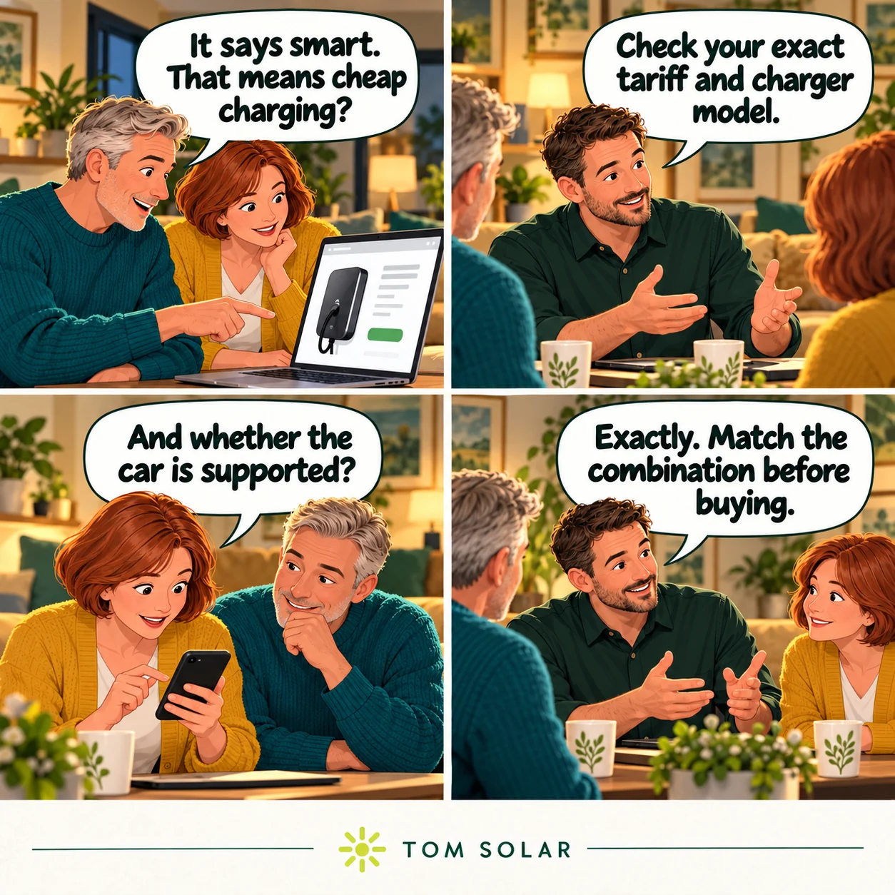 Comic: a couple ask whether a smart charger guarantees cheap charging; an adviser explains that the exact tariff, car and charger combination must be checked.