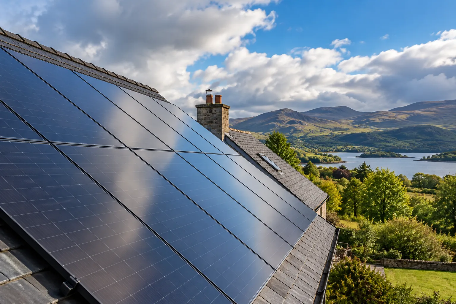 Illustrative solar panels on a Scottish home roof beside green hills