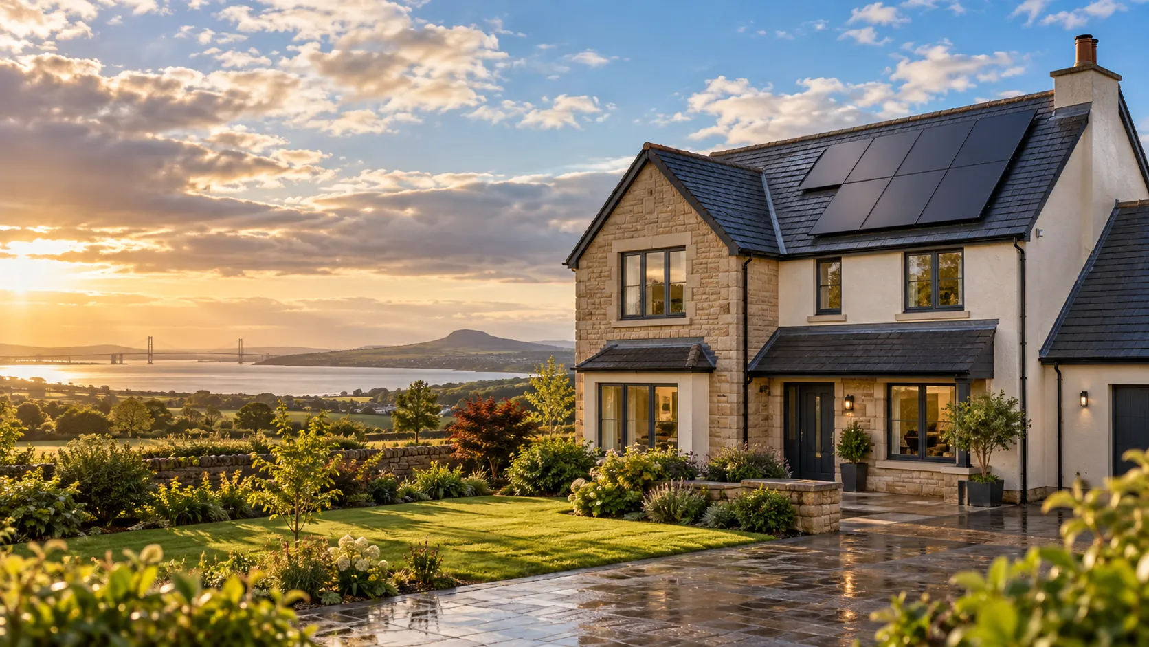 Illustrative Scottish house with solar panels on its roof