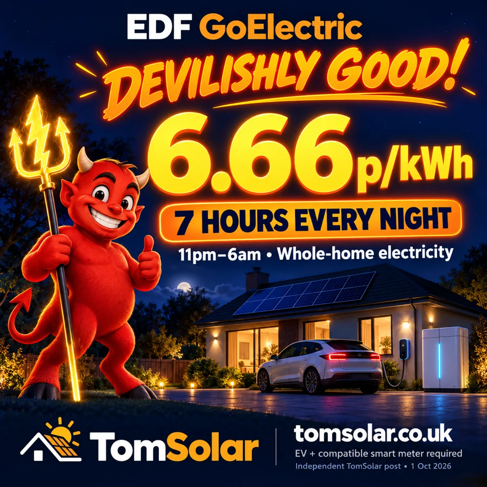 Playful devil illustration promoting EDF GoElectric at 6.66p per kWh for seven hours overnight