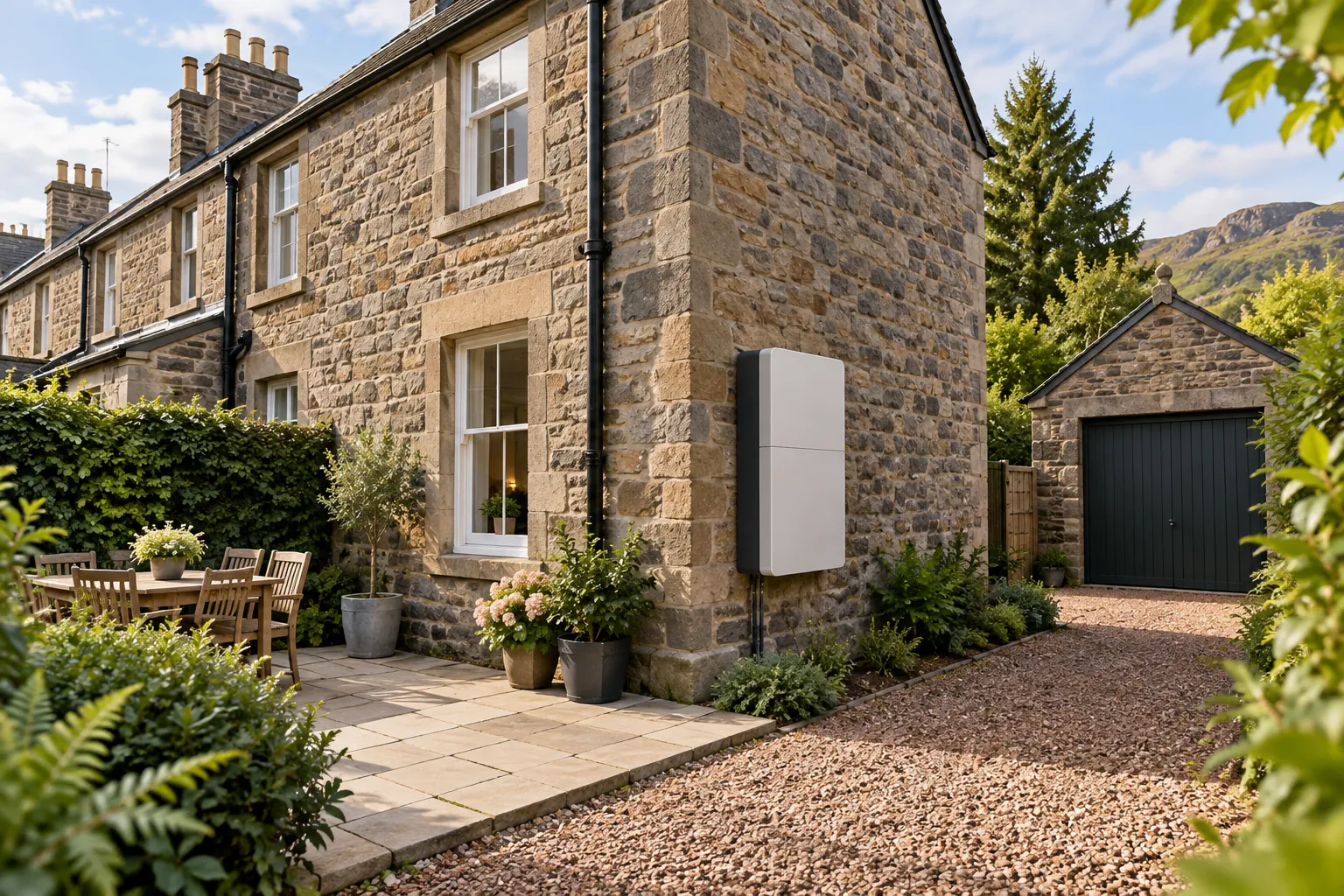 Illustrative battery on a Scottish stone home's side wall
