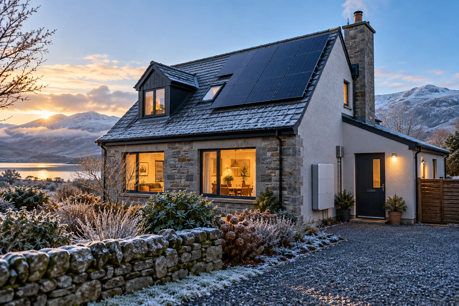 Scottish solar home and battery on a winter morning
