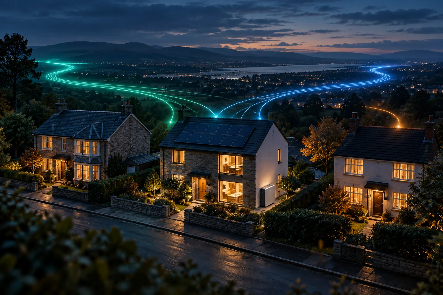 Illustration of Scottish homes connected to competing electricity services