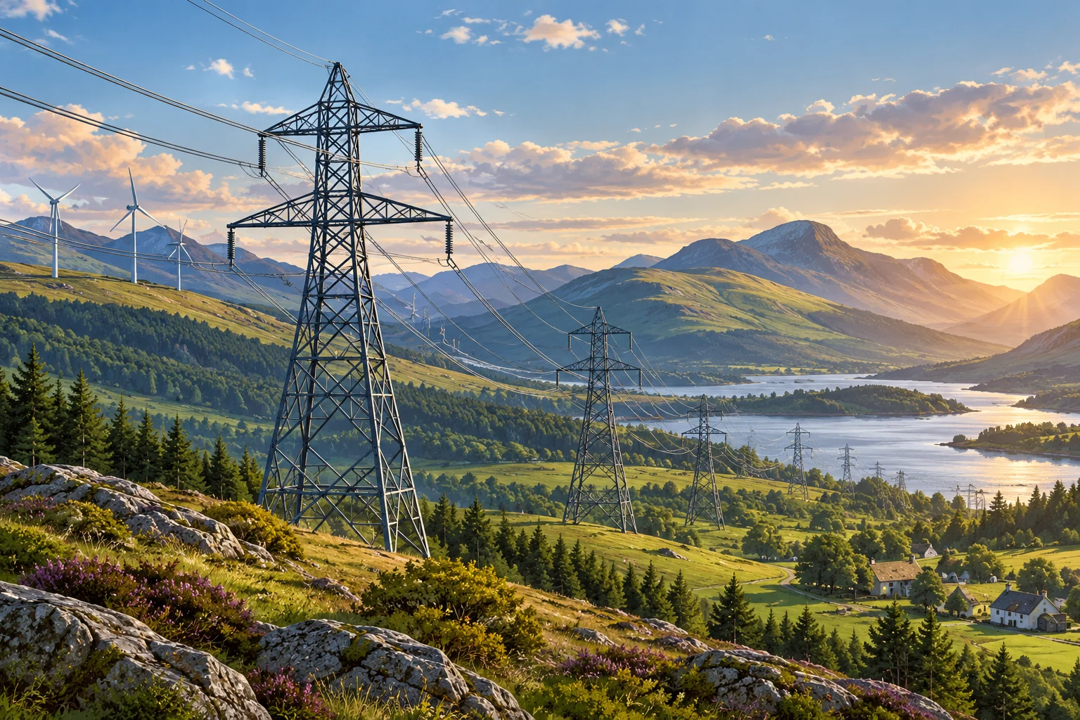 Illustrative Highland landscape with electricity pylons and wind turbines at dusk