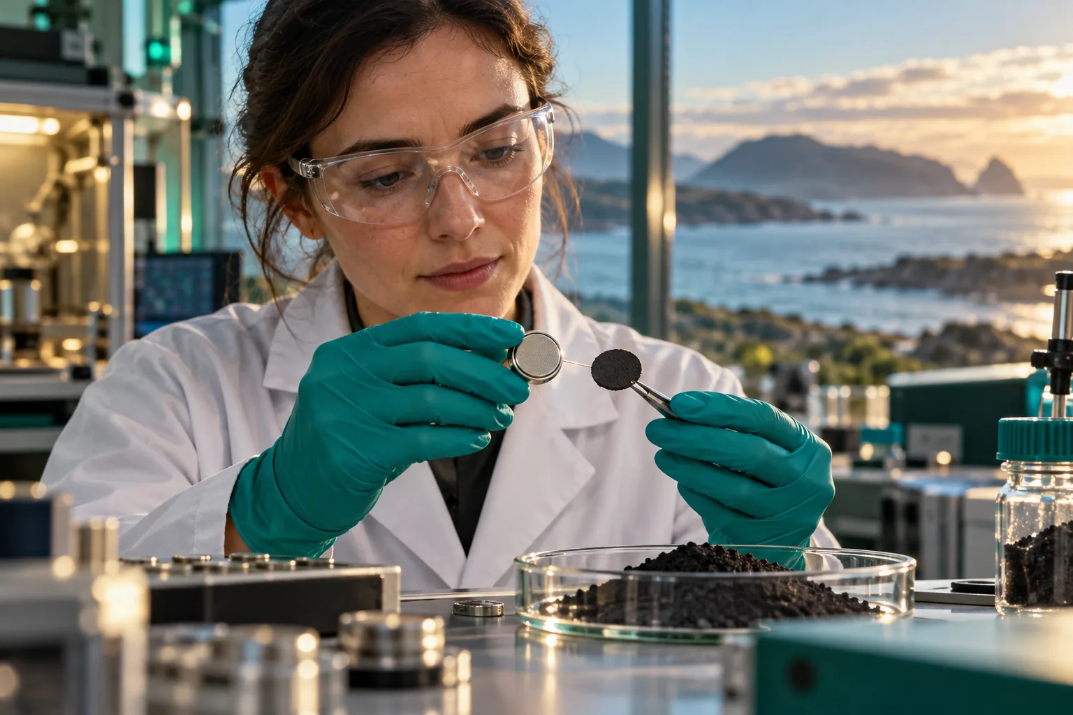 Illustration of a researcher examining experimental battery materials