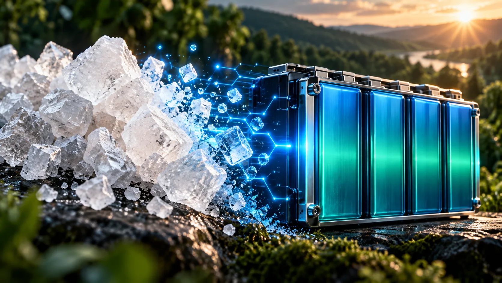 Conceptual illustration of salt crystals and a battery module
