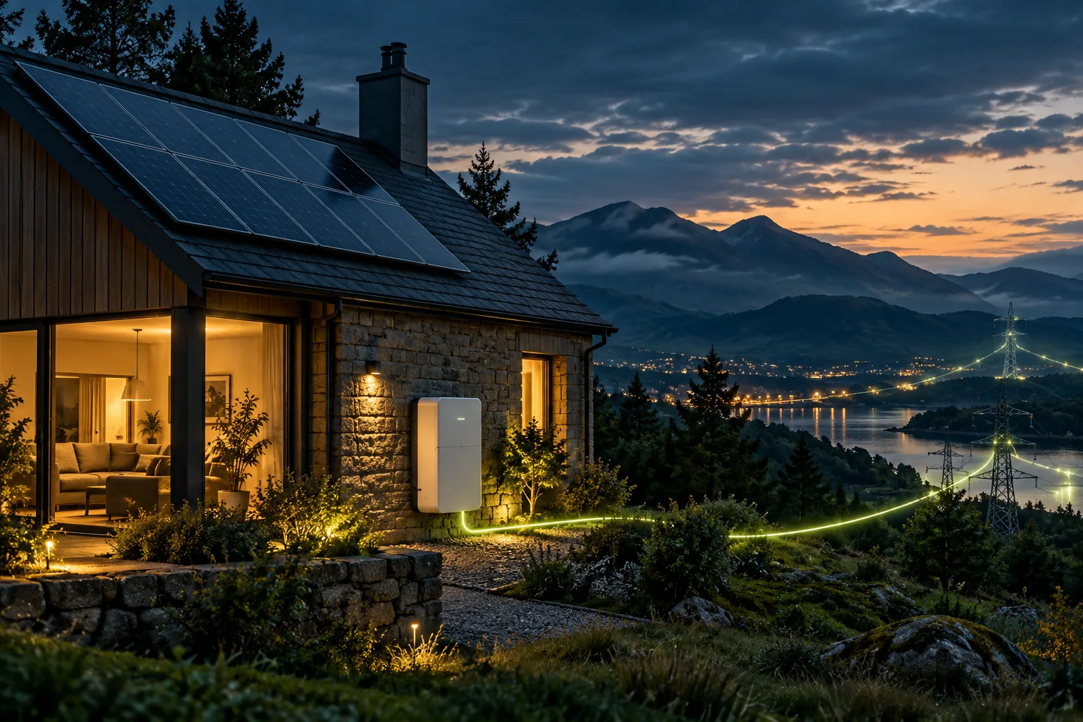 Conceptual illustration of a Scottish solar home connected to the grid