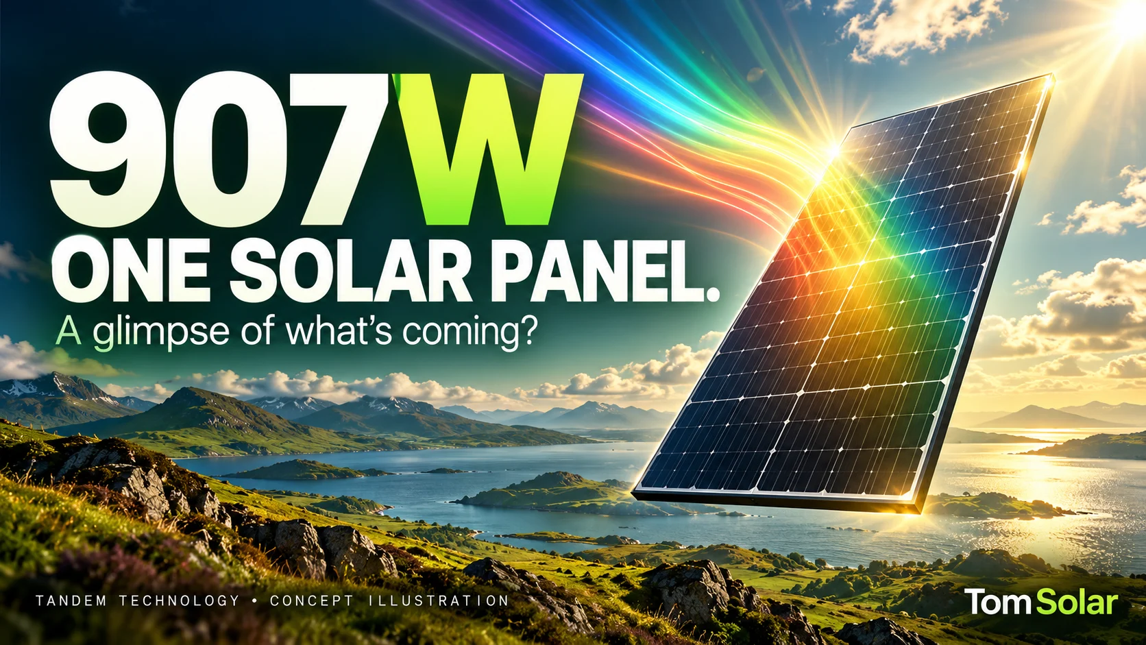 907W: one solar panel, a glimpse of what is coming; conceptual tandem technology illustration over a Scottish landscape