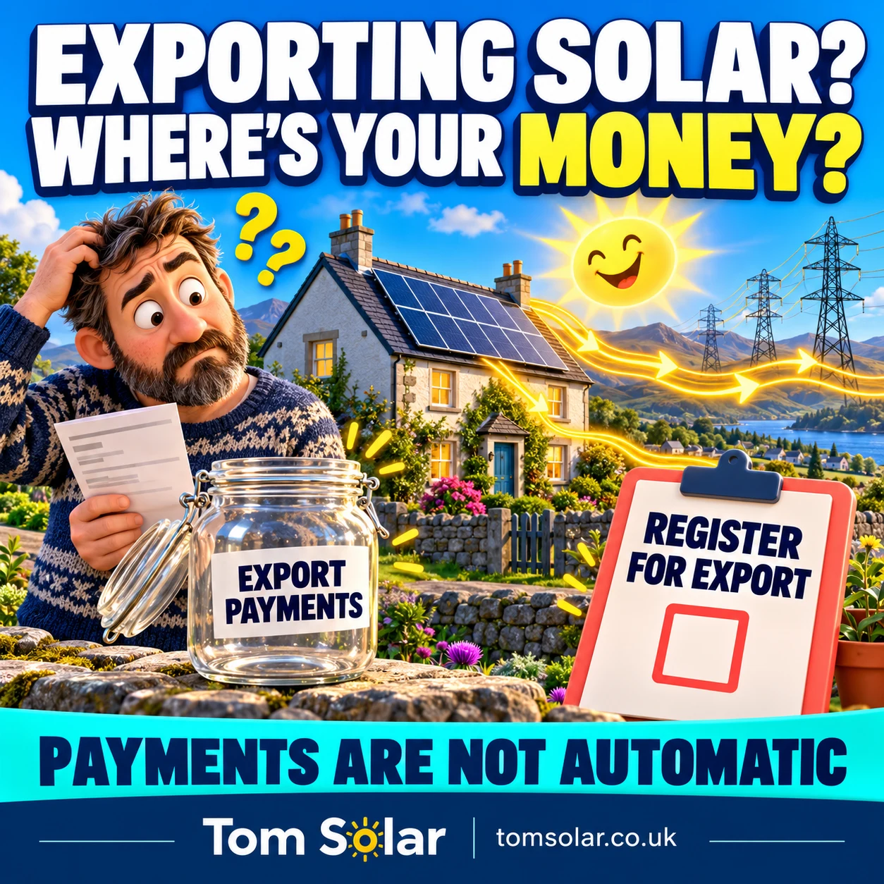 Illustration of a puzzled homeowner beside an empty export payment jar, solar electricity flowing to the grid, and a reminder to register for export
