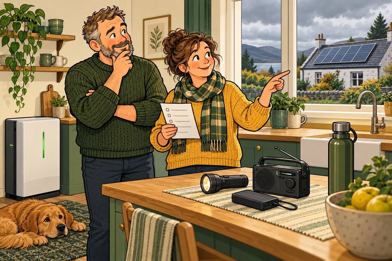 A husband and wife in their kitchen calmly discuss a power-cut checklist, with a torch, radio, water bottle, home battery and solar panels visible